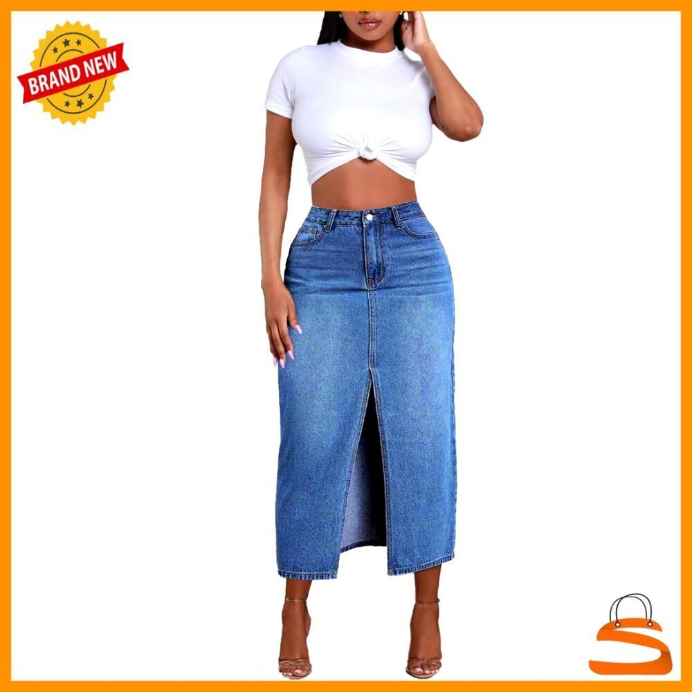 High Waist Stretch Denim Midi Skirt with Pockets, Women's Size